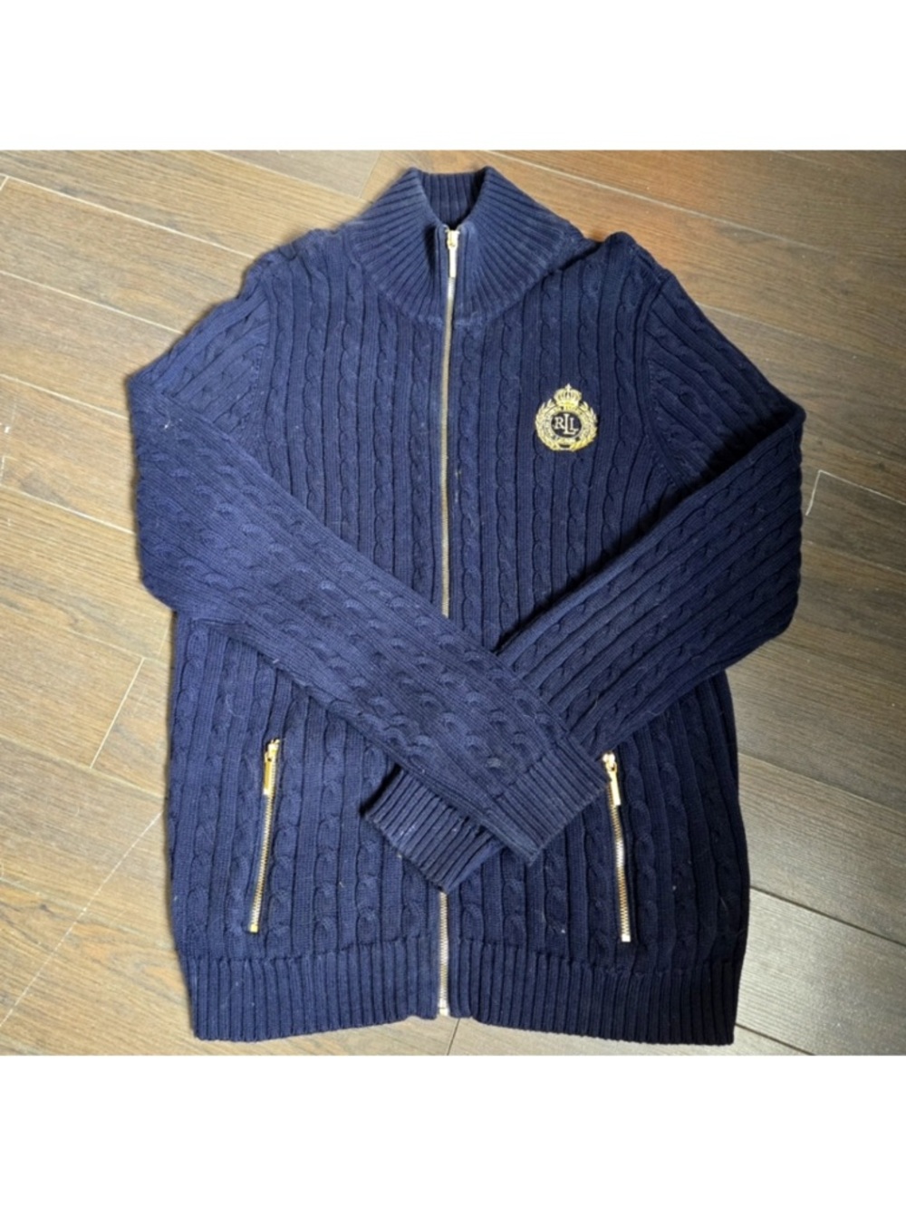 Ralph Lauren Navy Cable-Knit Zip Cardigan with Gold Crest